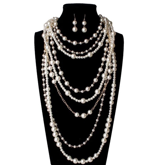 Zara White Faux Pearl Multilayer Multi Bead Layered Long Necklace Multi Stands - Picture 1 of 16